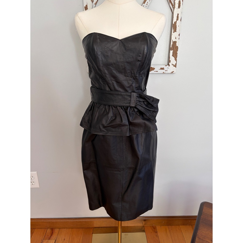 Vtg Bermans black leather dress strapless peplum waist removable bow belt sz 10